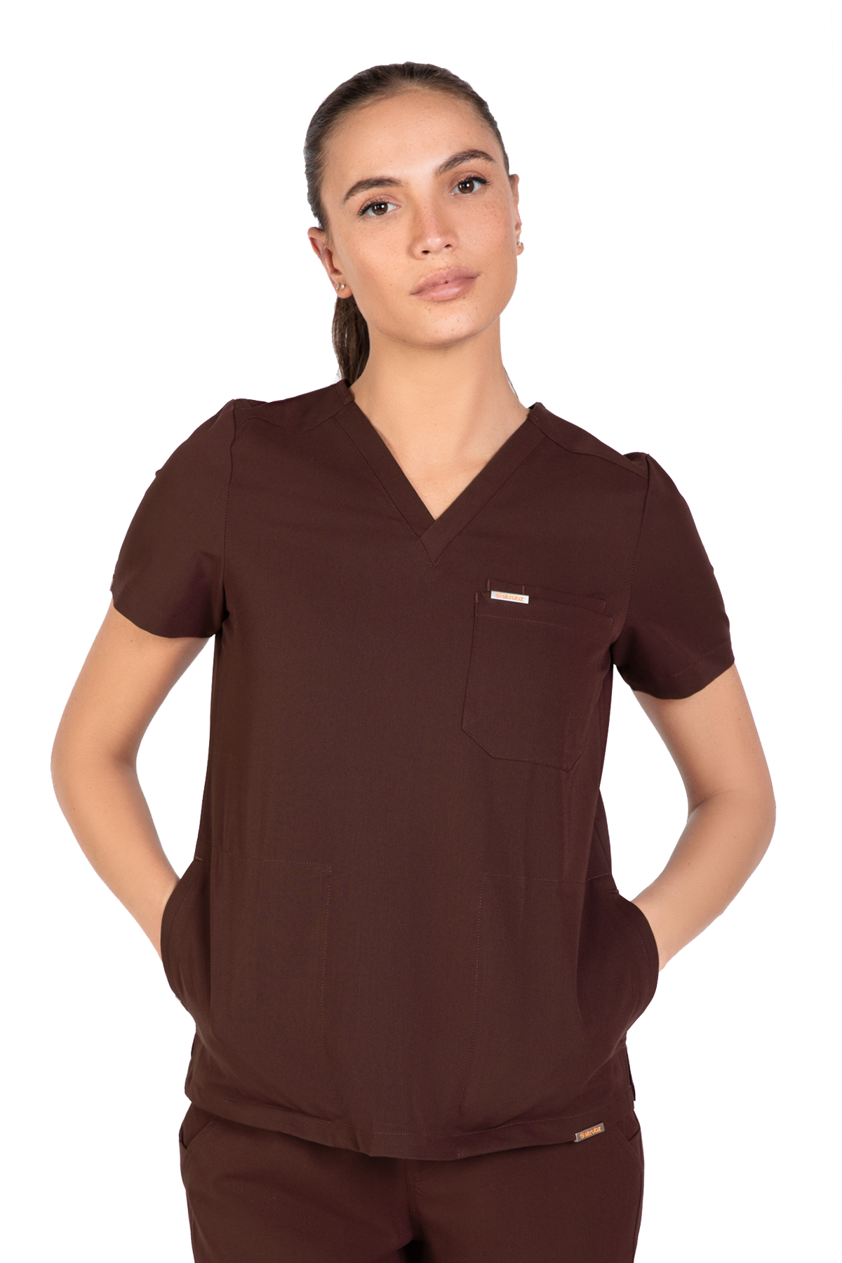 Tasca Women's V Neck Four pockets Scrub With Invisible Side Pockets - Chocolate Brown, XL
