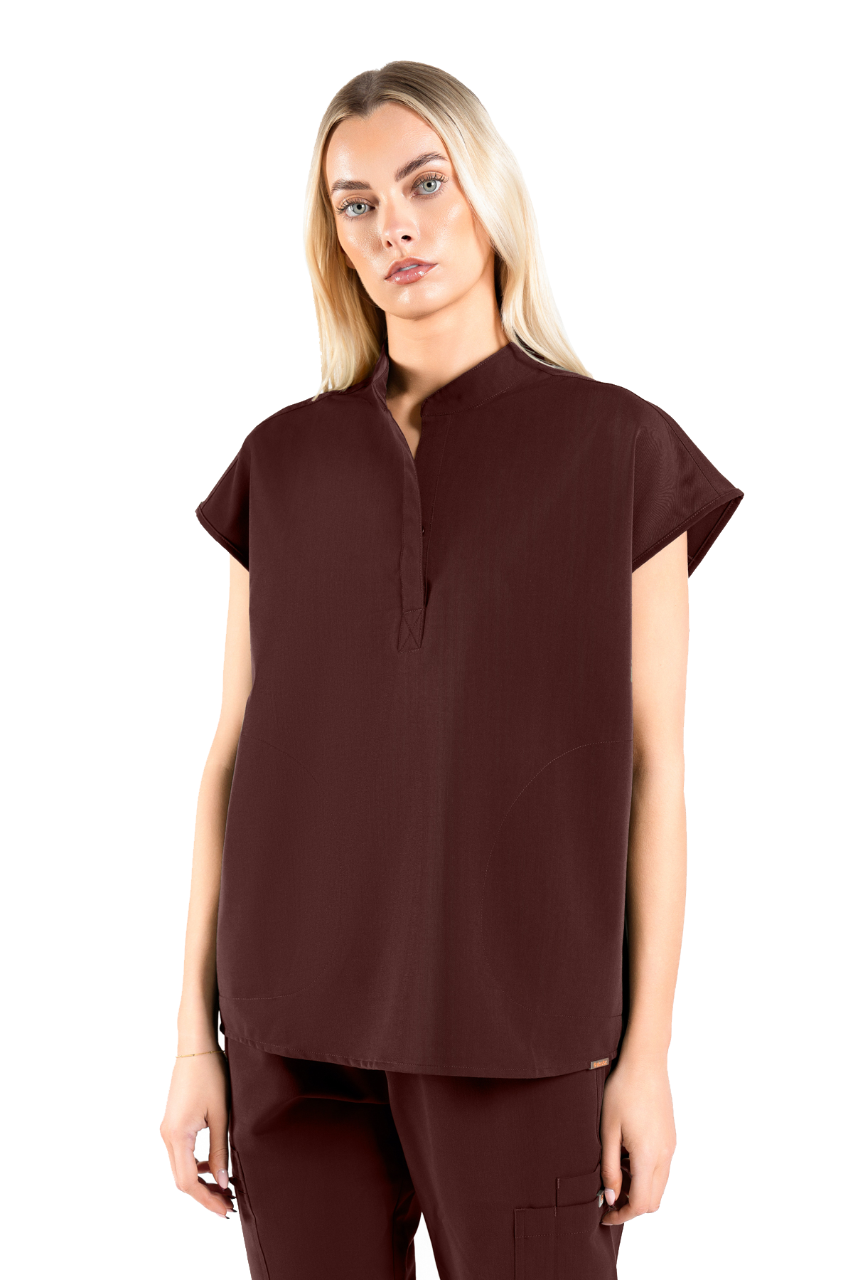 Mandarin Womens Collar Scrub Top - Chocolate Brown, XL