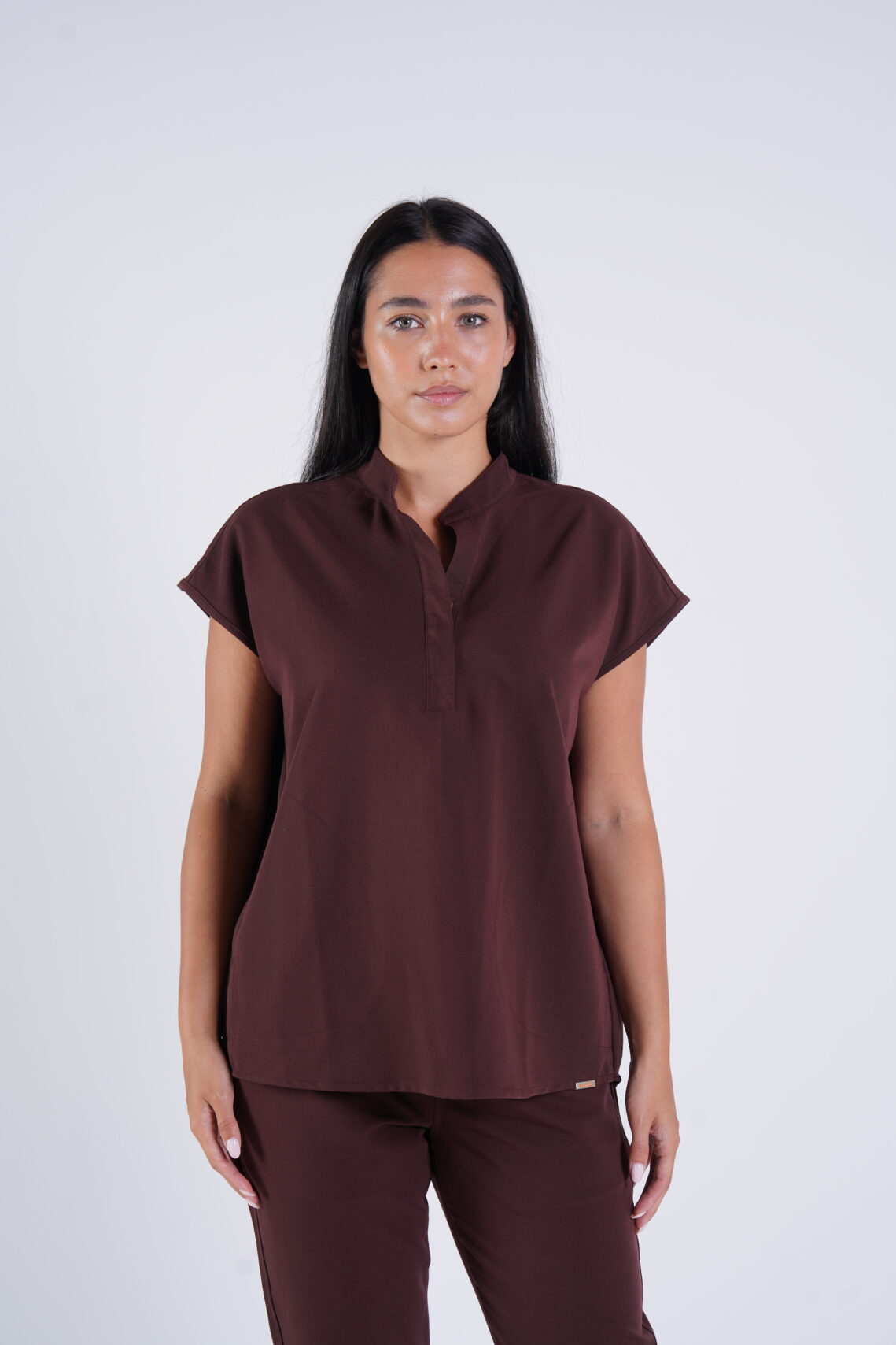 Mandarin Womens Collar Scrub Top - Chocolate Brown, XL