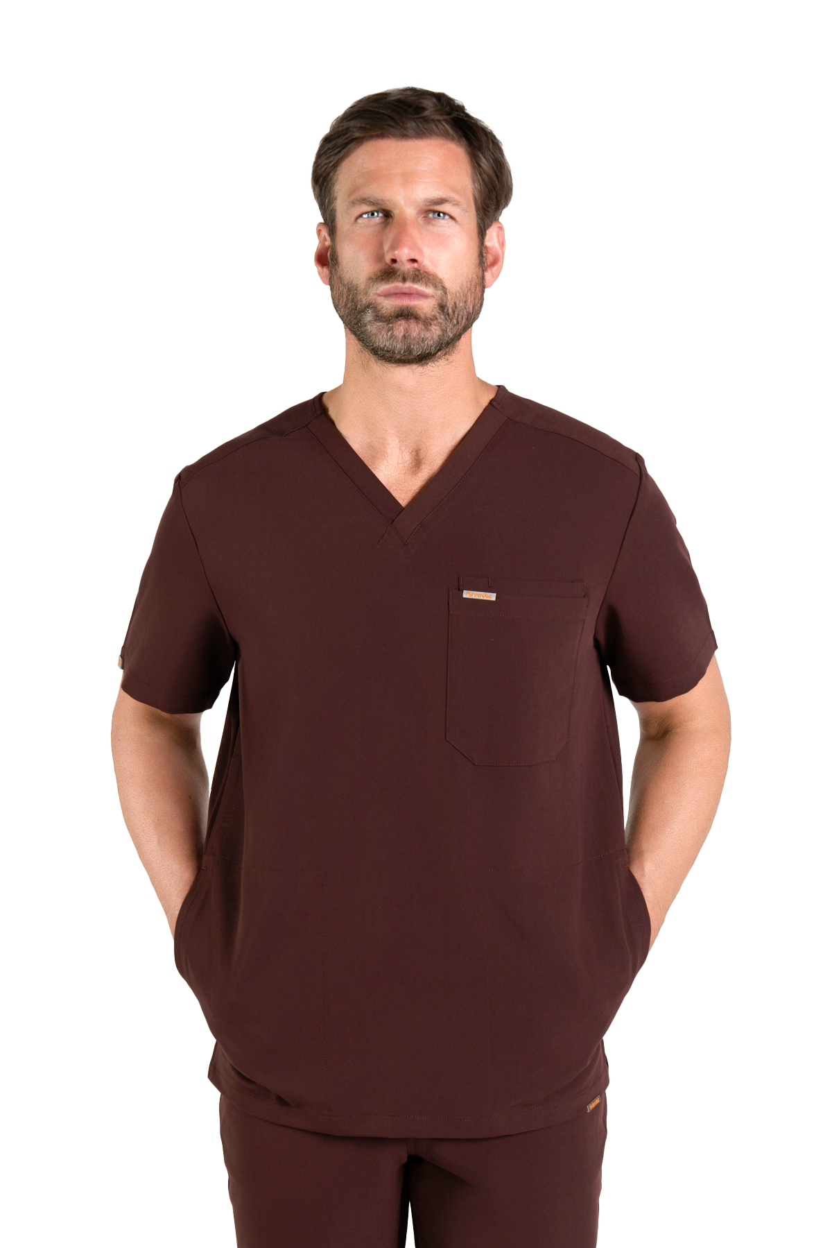 Tasca Men's V Neck Four pockets Scrub With Invisible Side Pockets - Chocolate Brown, XL