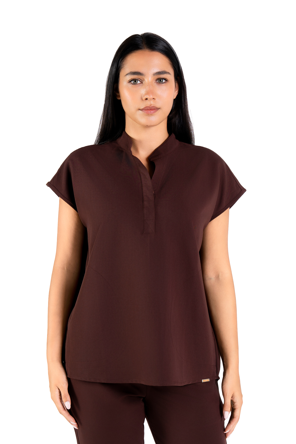Mandarin Womens Collar Scrub Top - Chocolate Brown, XL