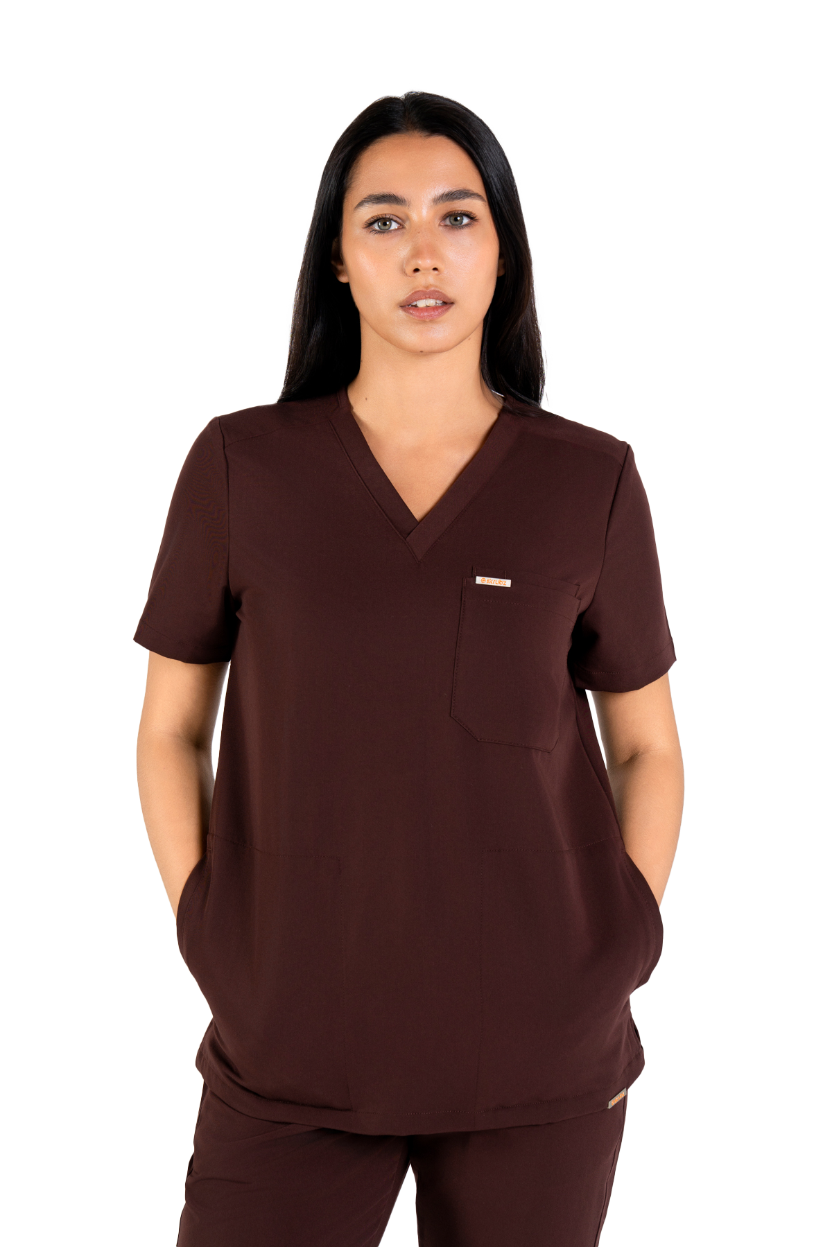 Tasca Women's V Neck Four pockets Scrub With Invisible Side Pockets - Chocolate Brown, XL